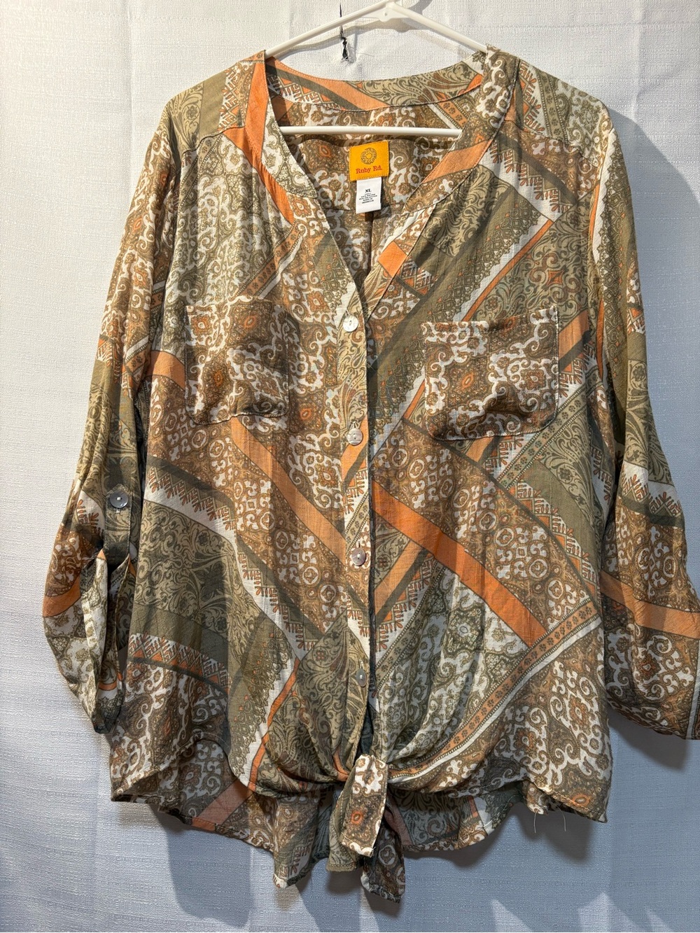Ruby Rd Top! Olive, Rust & Cream Paisley Button-Front Tie-Hem.Roll-Tie Sleeves